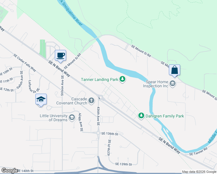 map of restaurants, bars, coffee shops, grocery stores, and more near 1890 Southeast 12th Street in North Bend