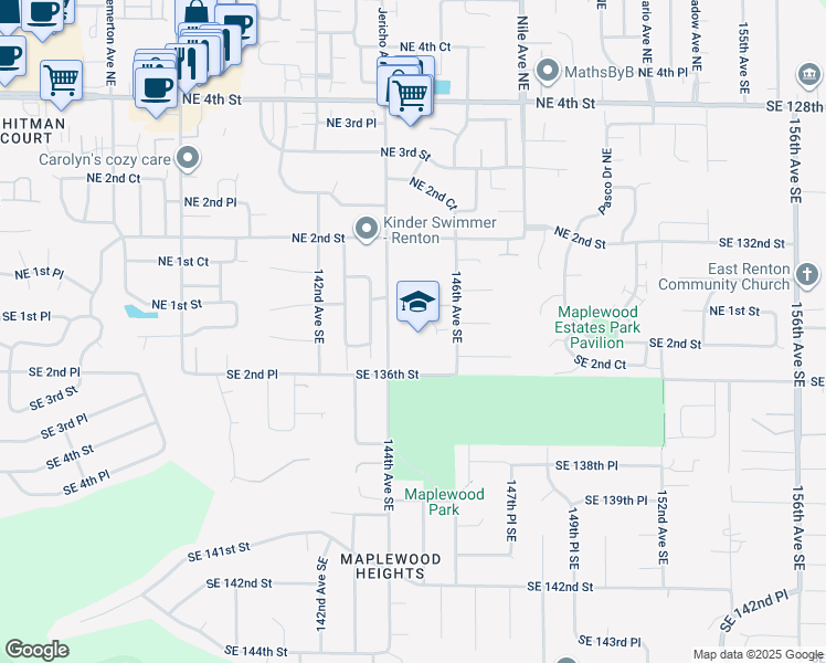 map of restaurants, bars, coffee shops, grocery stores, and more near 130 144th Avenue Southeast in Renton