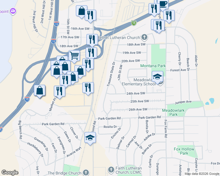 map of restaurants, bars, coffee shops, grocery stores, and more near 1301 Treasure State Drive in Great Falls