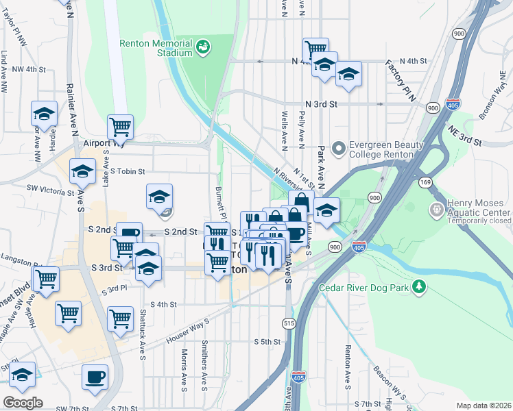 map of restaurants, bars, coffee shops, grocery stores, and more near 110 Williams Avenue South in Renton