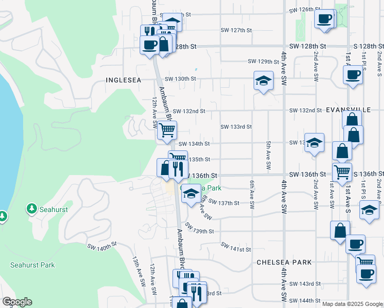 map of restaurants, bars, coffee shops, grocery stores, and more near 872 Southwest 135th Street in Burien