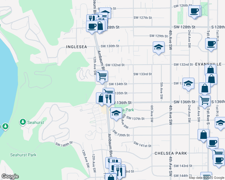 map of restaurants, bars, coffee shops, grocery stores, and more near 872 Southwest 135th Street in Burien