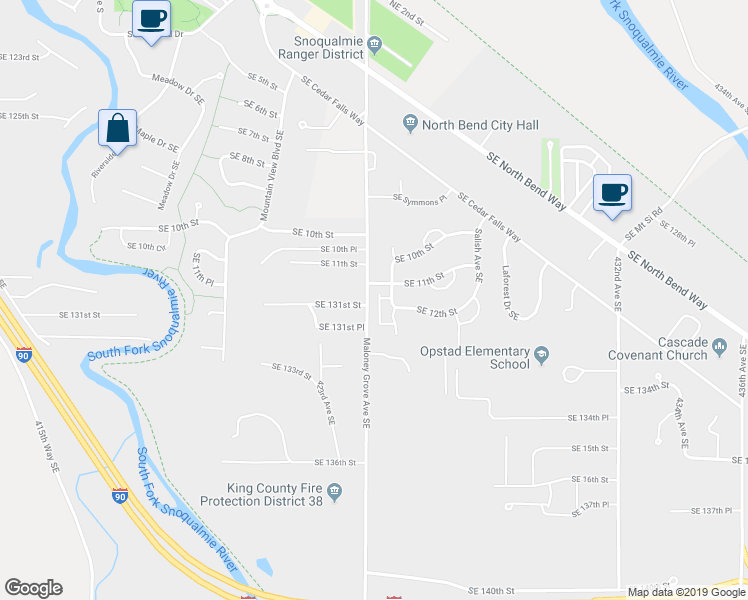 map of restaurants, bars, coffee shops, grocery stores, and more near 1130 Maloney Grove Avenue Southeast in North Bend