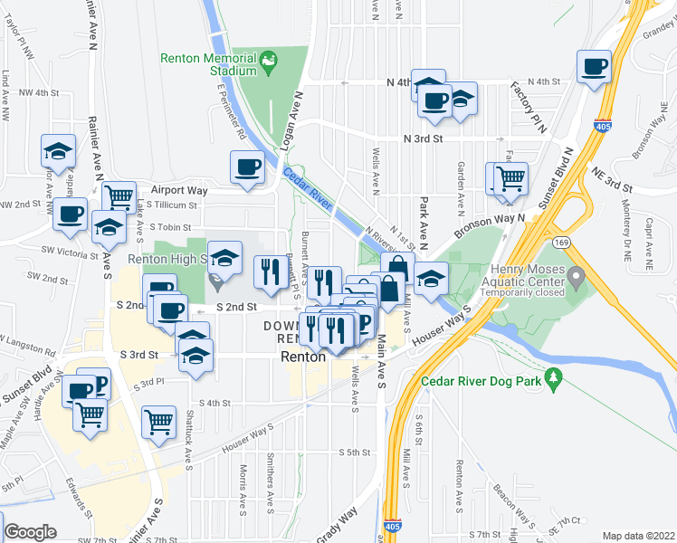 map of restaurants, bars, coffee shops, grocery stores, and more near 110 Williams Avenue South in Renton