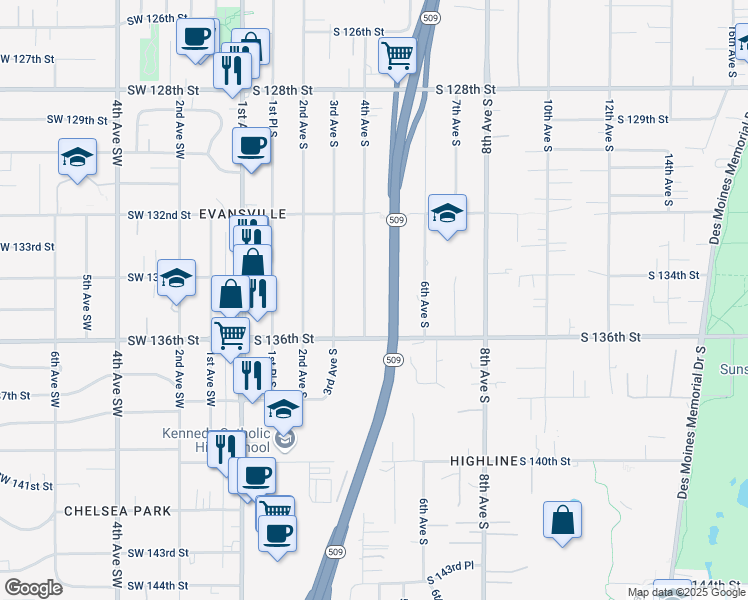 map of restaurants, bars, coffee shops, grocery stores, and more near 13426 4th Avenue South in Burien