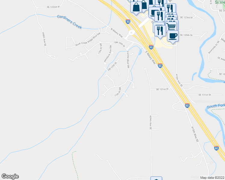 map of restaurants, bars, coffee shops, grocery stores, and more near 1345 Forster Boulevard Southwest in North Bend