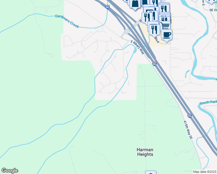 map of restaurants, bars, coffee shops, grocery stores, and more near 1345 Forster Boulevard Southwest in North Bend