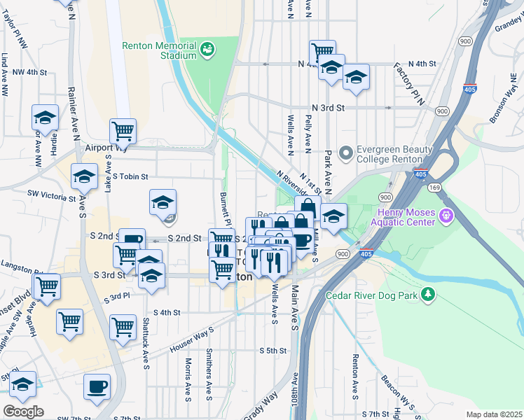map of restaurants, bars, coffee shops, grocery stores, and more near 110 Williams Avenue South in Renton