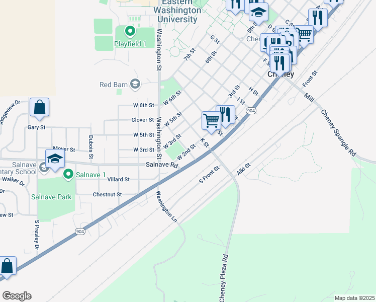 map of restaurants, bars, coffee shops, grocery stores, and more near 223 West 2nd Street in Cheney