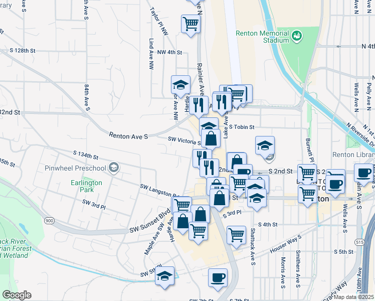 map of restaurants, bars, coffee shops, grocery stores, and more near Southwest Victoria Street in Renton
