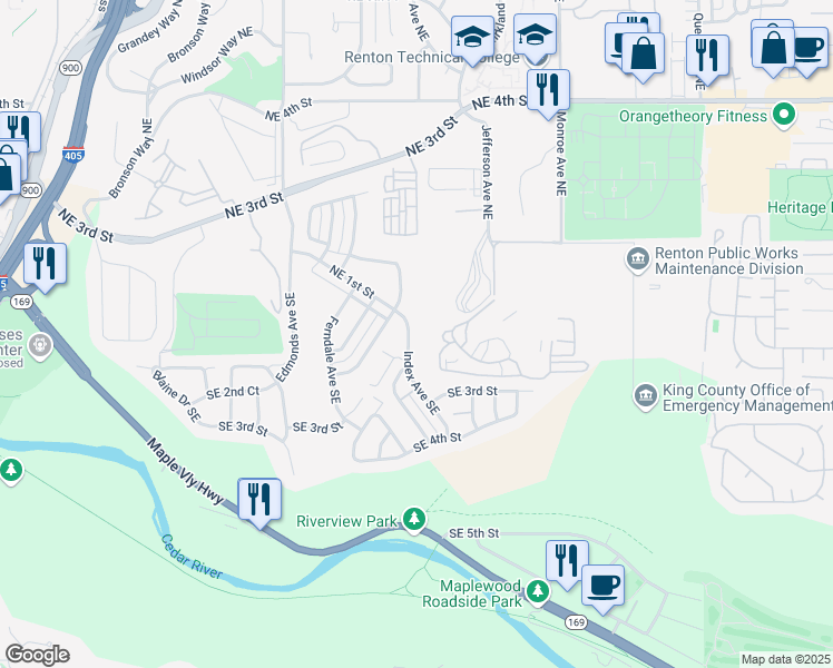 map of restaurants, bars, coffee shops, grocery stores, and more near 122 Index Avenue Southeast in Renton