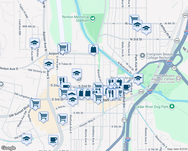map of restaurants, bars, coffee shops, grocery stores, and more near 107 Logan Avenue South in Renton