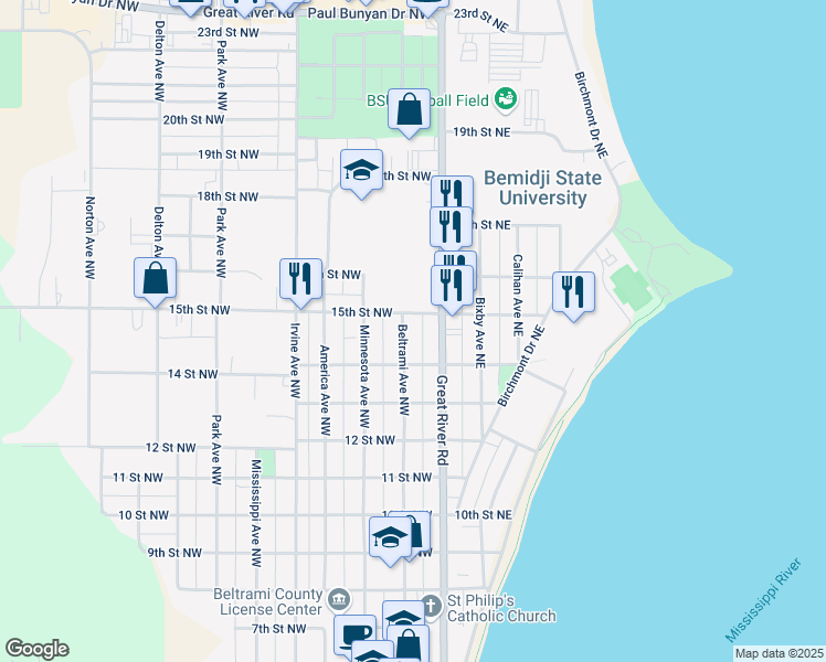 map of restaurants, bars, coffee shops, grocery stores, and more near 1420 Beltrami Avenue Northwest in Bemidji