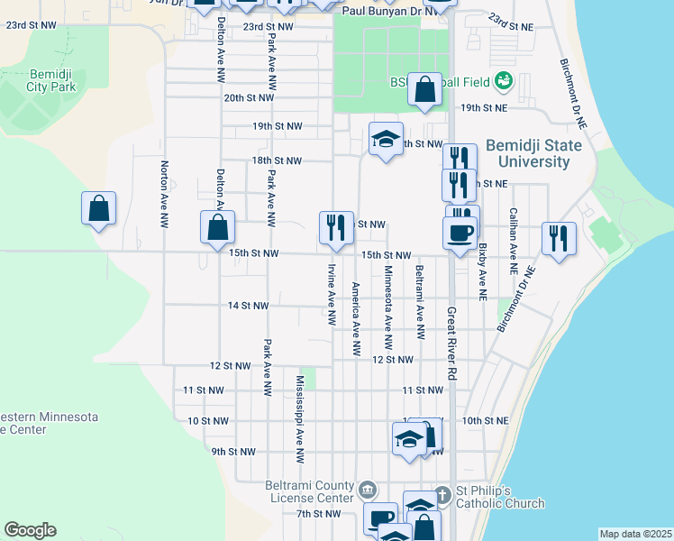 map of restaurants, bars, coffee shops, grocery stores, and more near 1418 Irvine Avenue Northwest in Bemidji