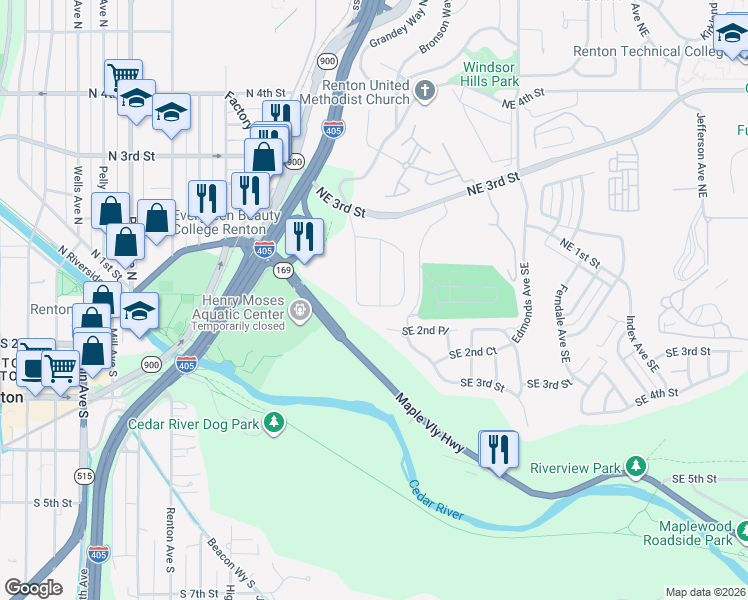 map of restaurants, bars, coffee shops, grocery stores, and more near 50 Monterey Drive Northeast in Renton