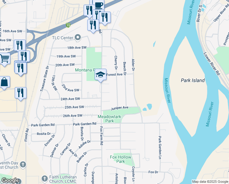 map of restaurants, bars, coffee shops, grocery stores, and more near 2212-2214 Cherry Drive in Great Falls