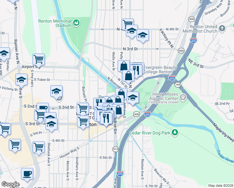 map of restaurants, bars, coffee shops, grocery stores, and more near 130 Main Avenue South in Renton
