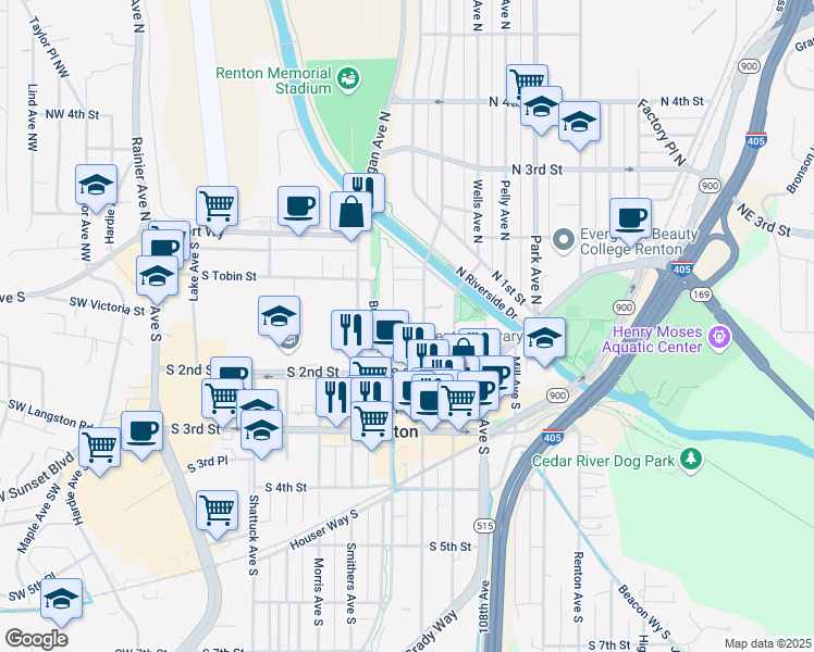 map of restaurants, bars, coffee shops, grocery stores, and more near 103 Burnett Avenue South in Renton