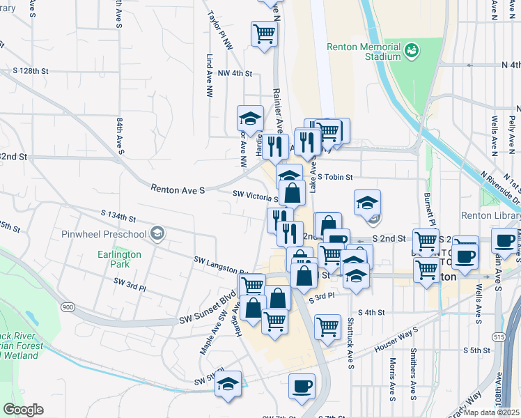 map of restaurants, bars, coffee shops, grocery stores, and more near 176 Hardie Avenue Southwest in Renton