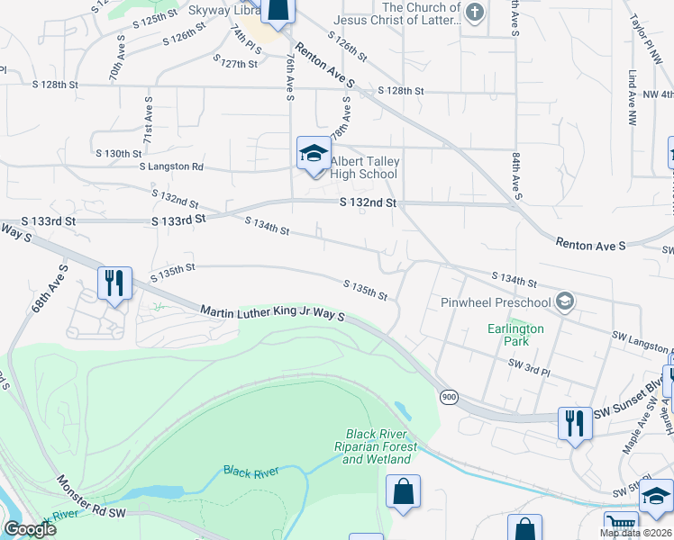 map of restaurants, bars, coffee shops, grocery stores, and more near 7640 South 135th Street in Seattle