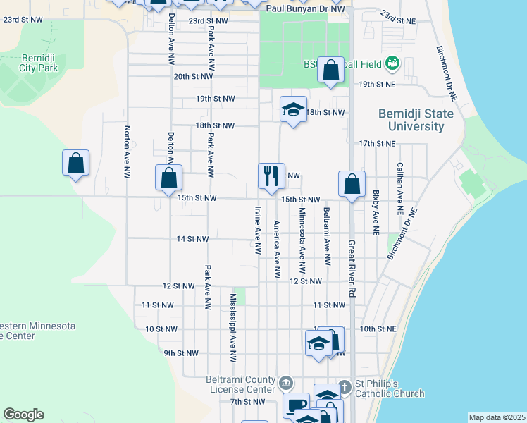 map of restaurants, bars, coffee shops, grocery stores, and more near 1418 Irvine Avenue Northwest in Bemidji