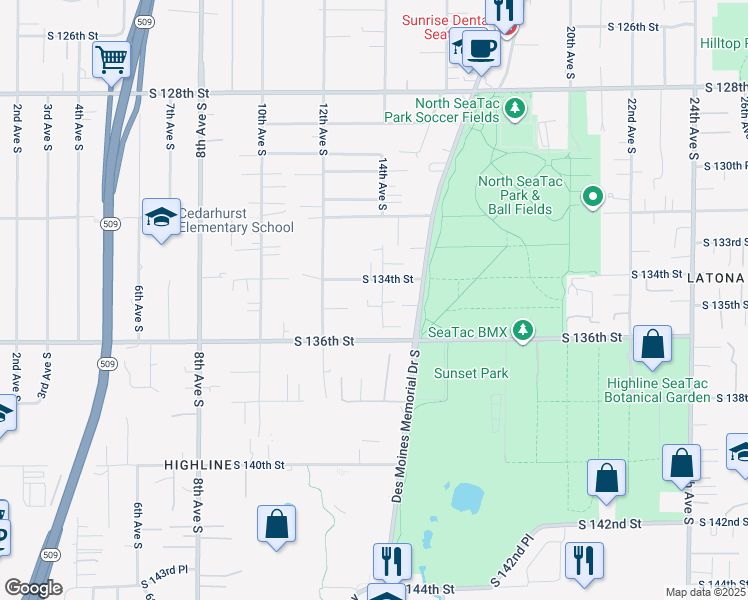 map of restaurants, bars, coffee shops, grocery stores, and more near 13425 14th Avenue South in Burien
