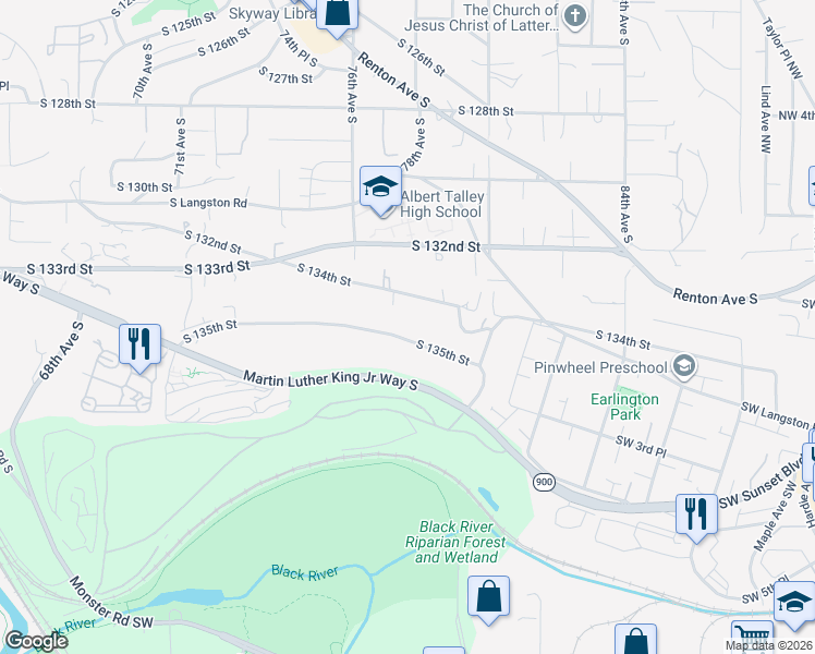 map of restaurants, bars, coffee shops, grocery stores, and more near 7640 South 135th Street in Seattle