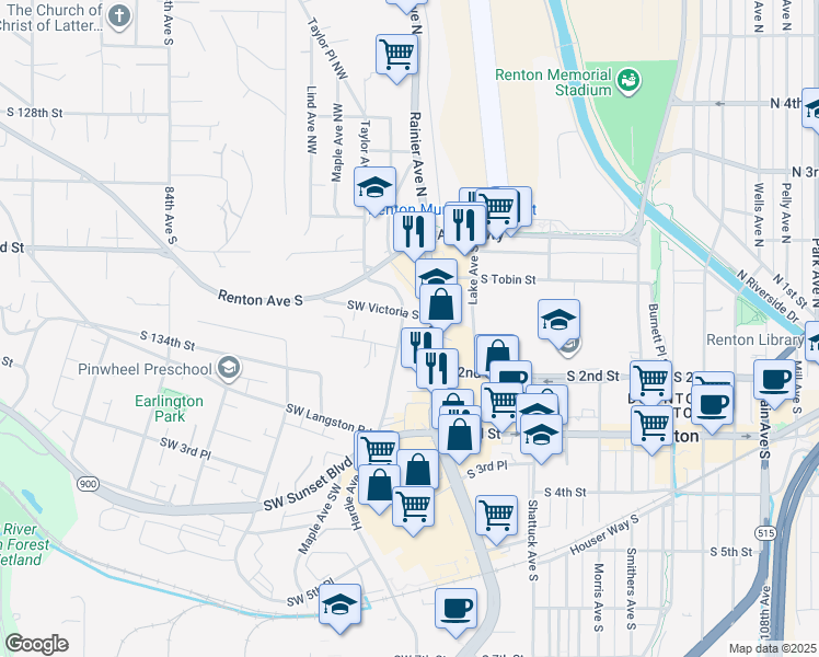 map of restaurants, bars, coffee shops, grocery stores, and more near 176 Hardie Avenue Southwest in Renton
