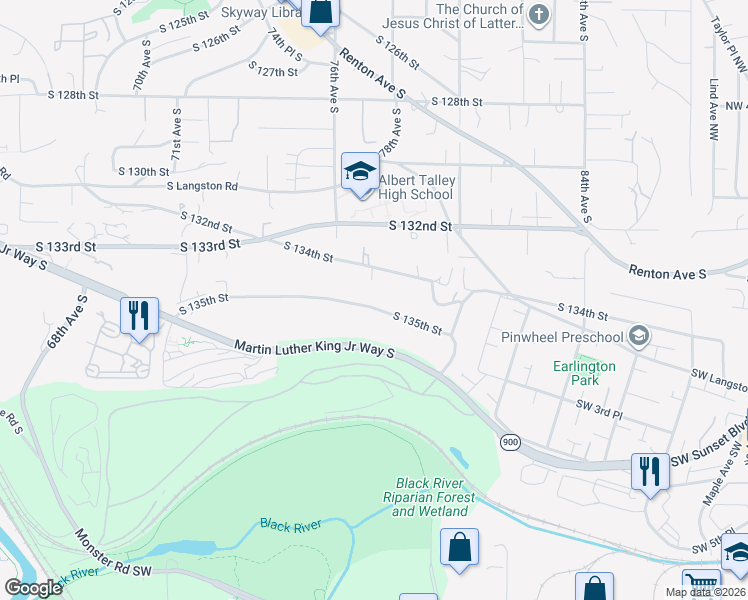 map of restaurants, bars, coffee shops, grocery stores, and more near 7640 South 135th Street in Seattle