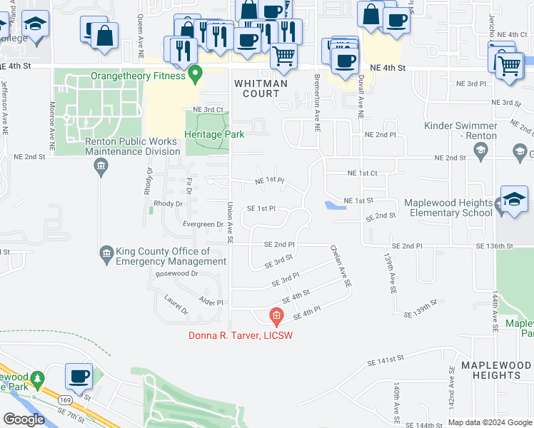 map of restaurants, bars, coffee shops, grocery stores, and more near 4215 Southeast 1st Place in Renton