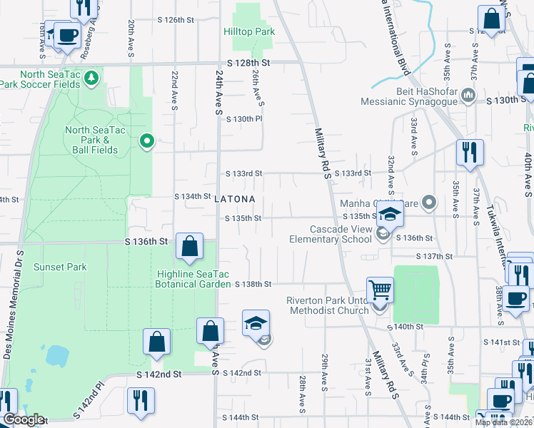 map of restaurants, bars, coffee shops, grocery stores, and more near 2606 South 135th Street in SeaTac
