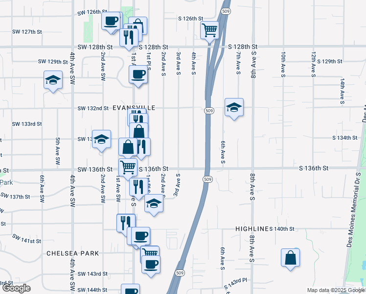 map of restaurants, bars, coffee shops, grocery stores, and more near 13420 3rd Ave S in Burien