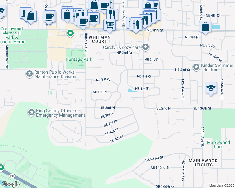 map of restaurants, bars, coffee shops, grocery stores, and more near 102 Vashon Avenue Southeast in Renton