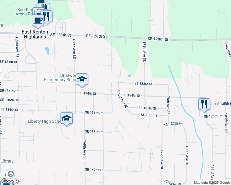 map of restaurants, bars, coffee shops, grocery stores, and more near 13333 173rd Avenue Southeast in Renton