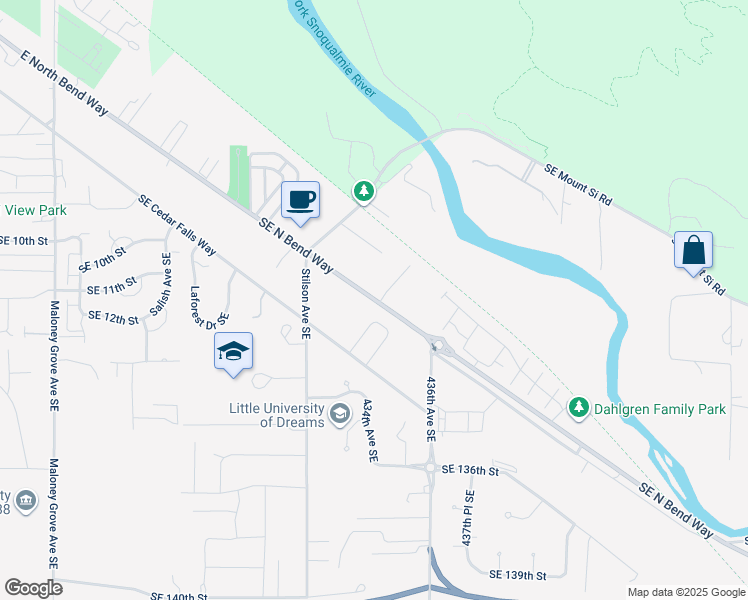 map of restaurants, bars, coffee shops, grocery stores, and more near 1201 Little Si Avenue SouthEast in North Bend