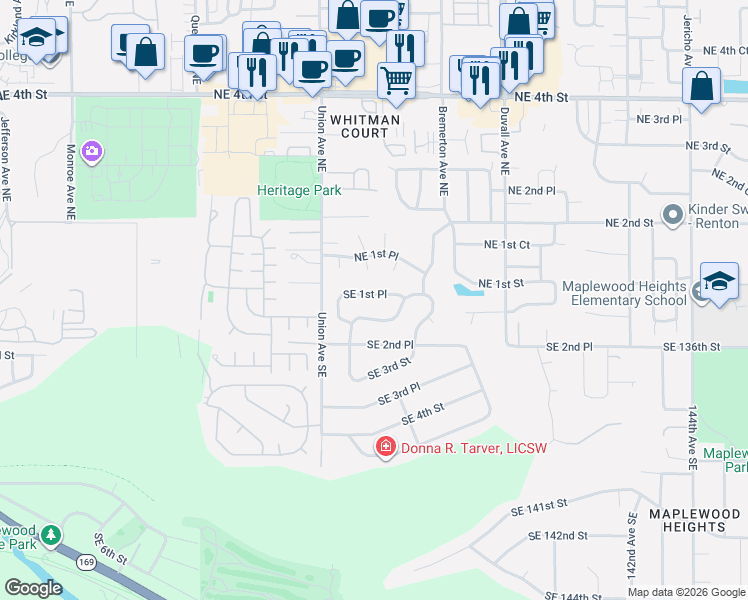 map of restaurants, bars, coffee shops, grocery stores, and more near 4215 Southeast 1st Place in Renton