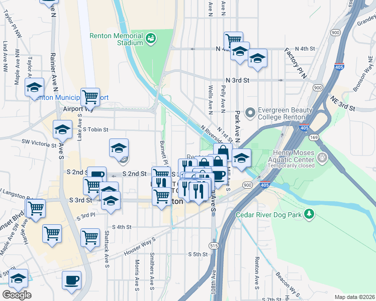 map of restaurants, bars, coffee shops, grocery stores, and more near 110 Williams Avenue South in Renton