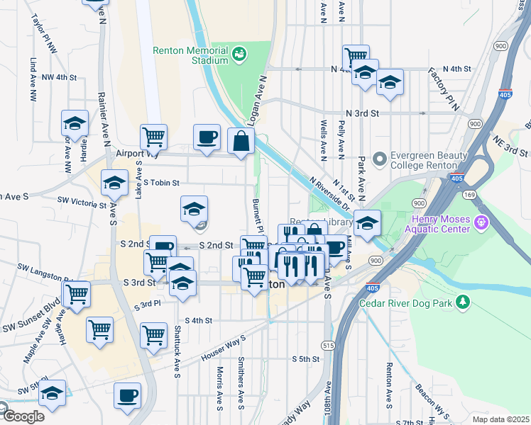 map of restaurants, bars, coffee shops, grocery stores, and more near 103 Burnett Avenue South in Renton