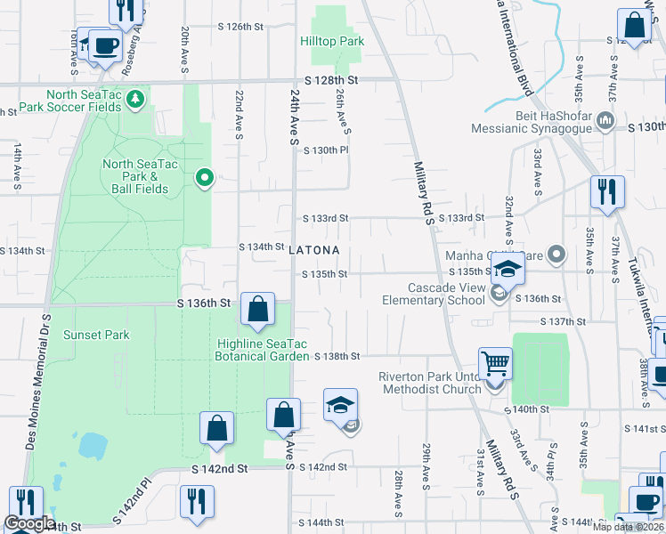 map of restaurants, bars, coffee shops, grocery stores, and more near 2426 25th Place South in SeaTac