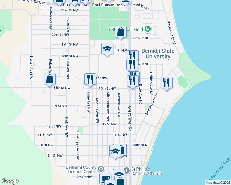 map of restaurants, bars, coffee shops, grocery stores, and more near 1420 Beltrami Avenue Northwest in Bemidji