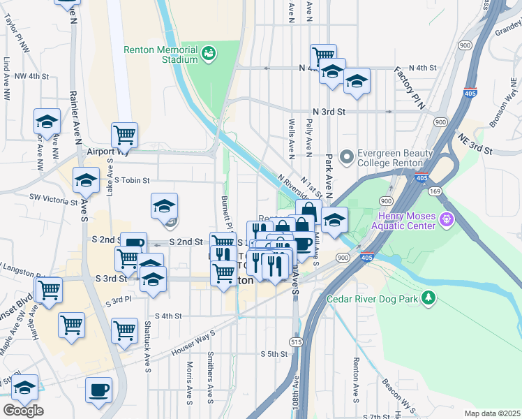 map of restaurants, bars, coffee shops, grocery stores, and more near 110 Williams Avenue South in Renton