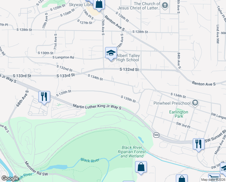 map of restaurants, bars, coffee shops, grocery stores, and more near 7640 South 135th Street in Seattle