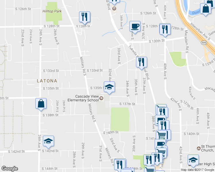 map of restaurants, bars, coffee shops, grocery stores, and more near 2960 South 135th Street in Tukwila