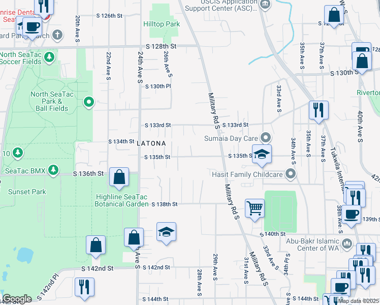 map of restaurants, bars, coffee shops, grocery stores, and more near 2644 South 135th Street in SeaTac