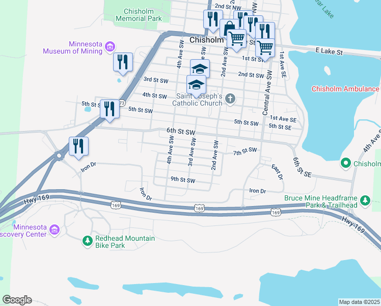map of restaurants, bars, coffee shops, grocery stores, and more near 225 7th Street Southwest in Chisholm