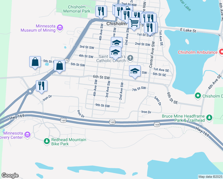 map of restaurants, bars, coffee shops, grocery stores, and more near 225 7th Street Southwest in Chisholm