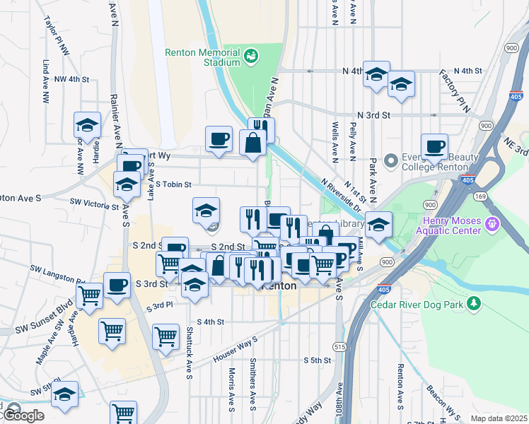 map of restaurants, bars, coffee shops, grocery stores, and more near 107 Logan Avenue South in Renton