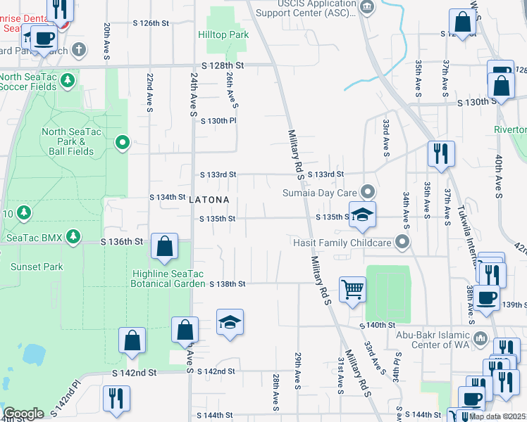 map of restaurants, bars, coffee shops, grocery stores, and more near 2644 South 135th Street in SeaTac
