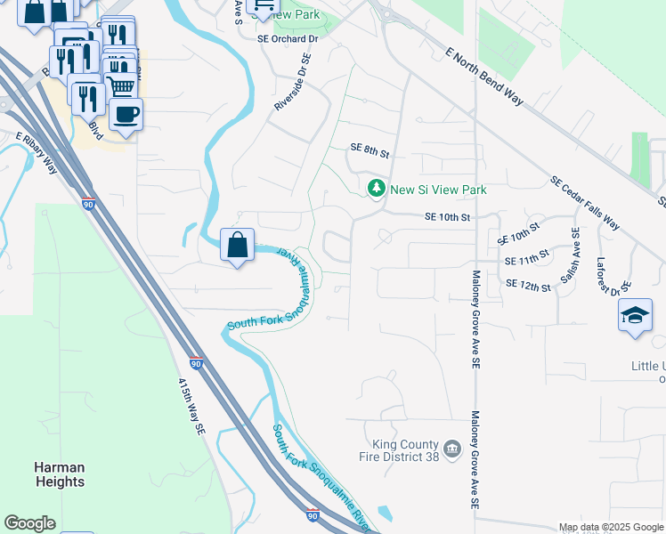 map of restaurants, bars, coffee shops, grocery stores, and more near 370 Southeast 12th Place in North Bend