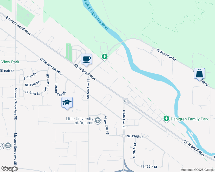 map of restaurants, bars, coffee shops, grocery stores, and more near 1201 Little Si Avenue SouthEast in North Bend